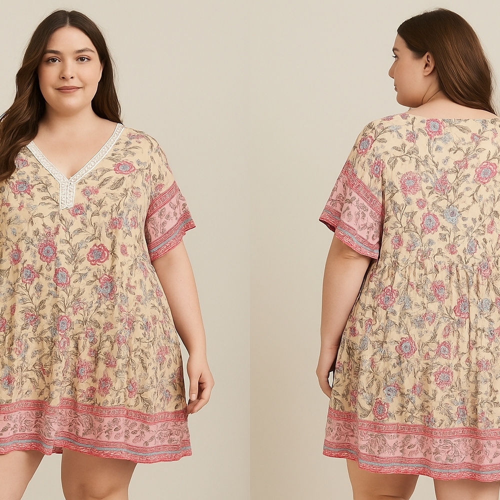 Boho V-Neck Floral Print Dress – Women's Size XL Feminine Patchwork